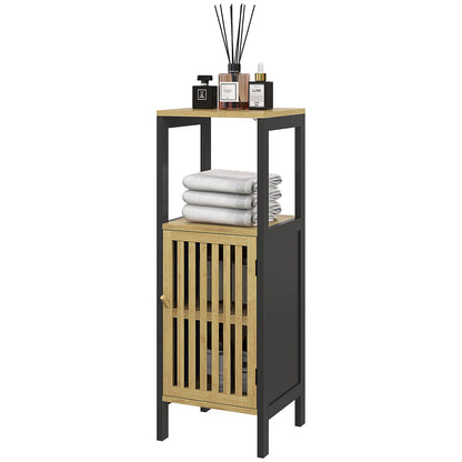 Low Bathroom Cabinet in Bamboo with 1-Door Cupboard and Open Niche 32 x 30 x 90.5 cm, Black and Wood