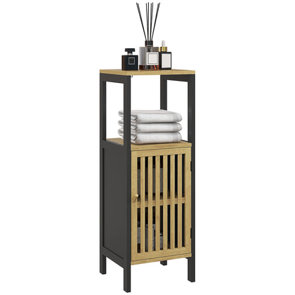 Low Bathroom Cabinet in Bamboo with 1-Door Cupboard and Open Niche 32 x 30 x 90.5 cm, Black and Wood