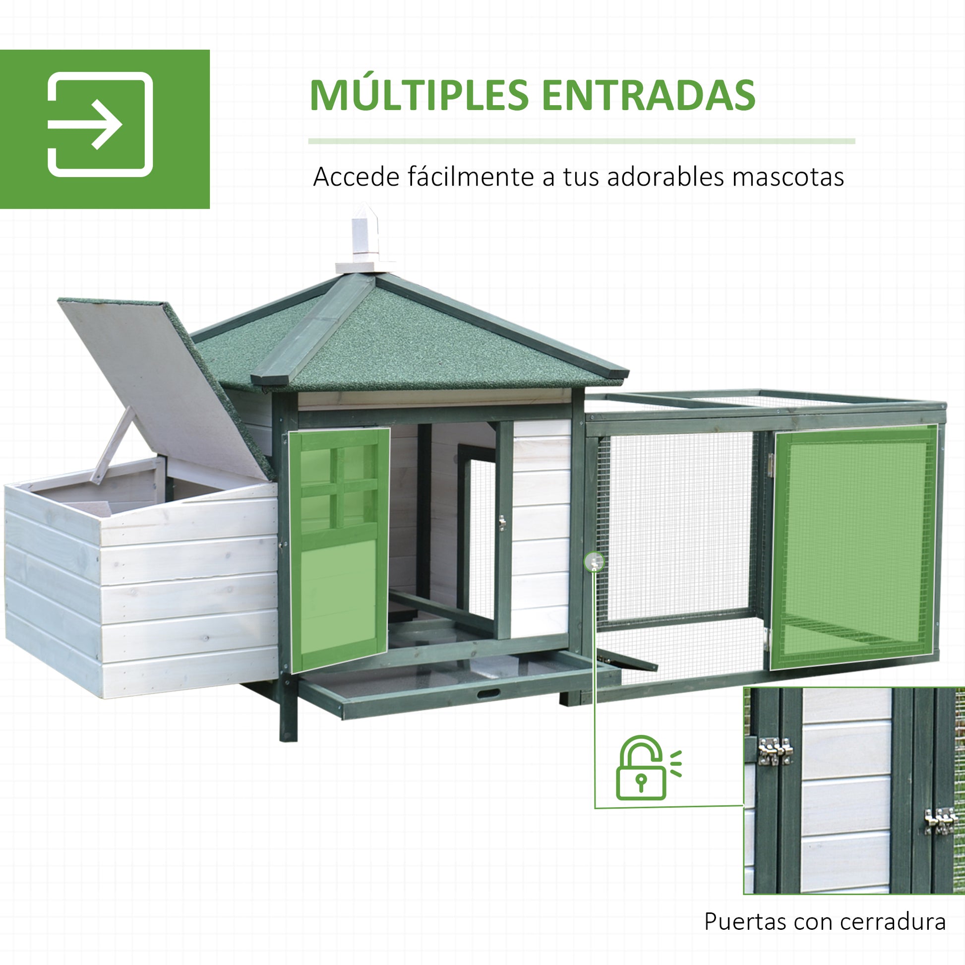 Pine Wood Chicken Coop Shelter Hen House Outdoor with Nest Box Removable Tray and Run Space 196x76x97 cm Green and White