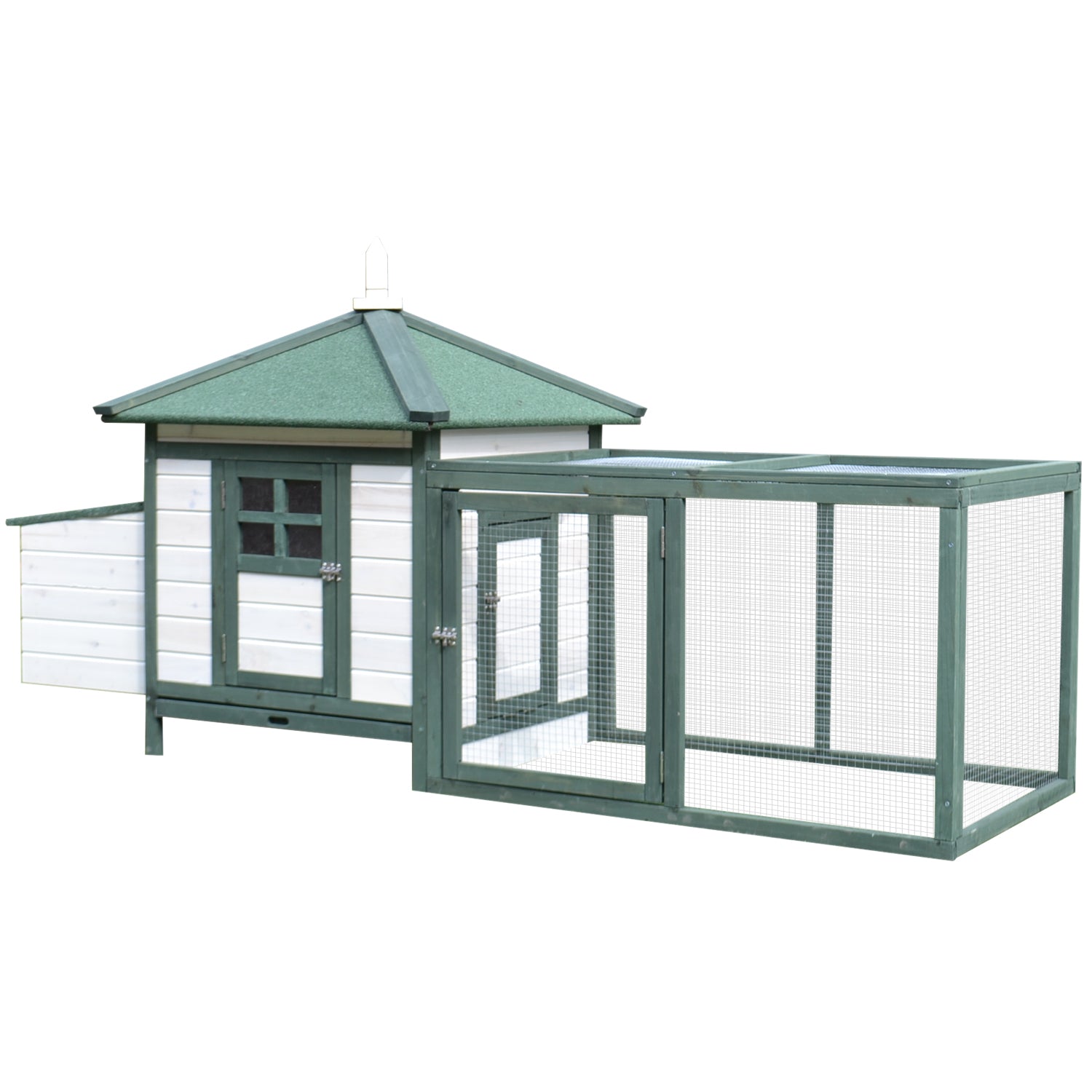 Pine Wood Chicken Coop Shelter Hen House Outdoor with Nest Box Removable Tray and Run Space 196x76x97 cm Green and White