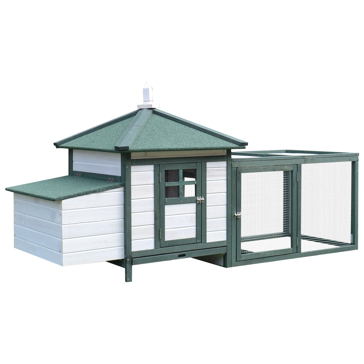 Pine Wood Chicken Coop Shelter Hen House Outdoor with Nest Box Removable Tray and Run Space 196x76x97 cm Green and White