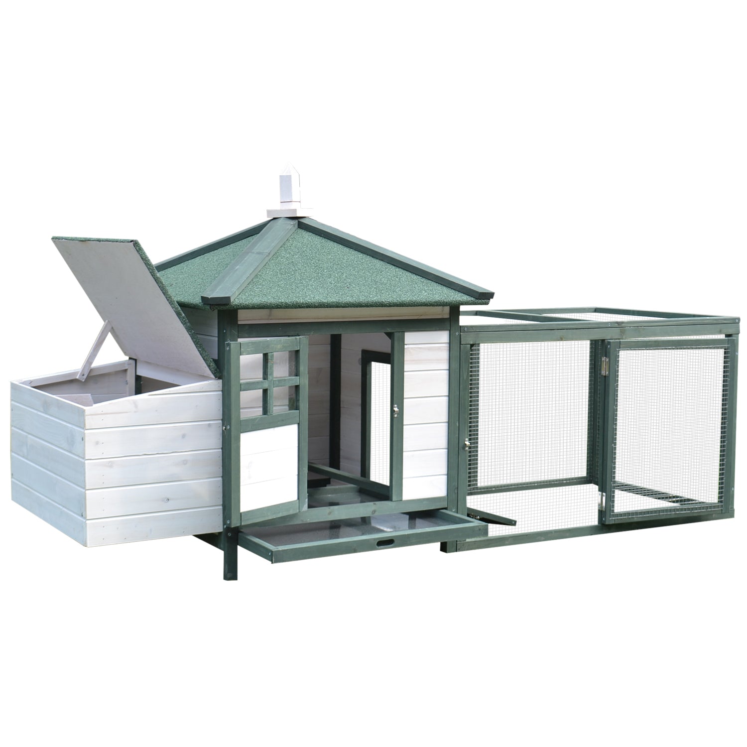 Pine Wood Chicken Coop Shelter Hen House Outdoor with Nest Box Removable Tray and Run Space 196x76x97 cm Green and White