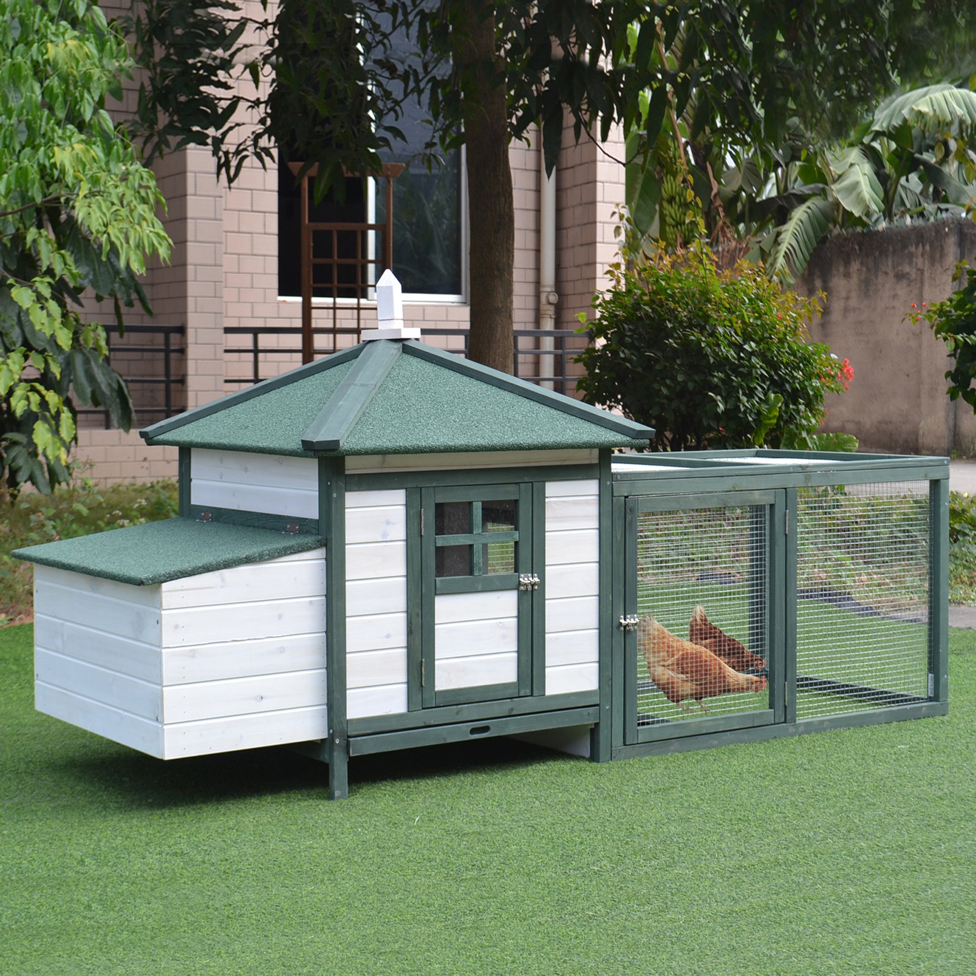 Pine Wood Chicken Coop Shelter Hen House Outdoor with Nest Box Removable Tray and Run Space 196x76x97 cm Green and White