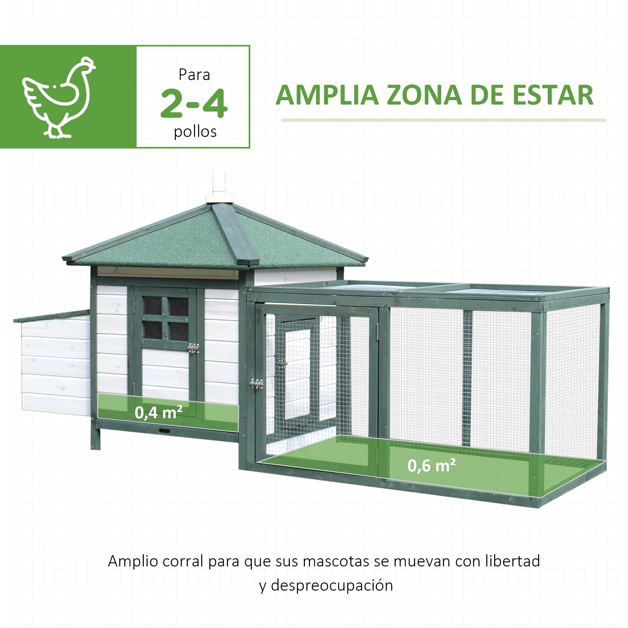 Pine Wood Chicken Coop Shelter Hen House Outdoor with Nest Box Removable Tray and Run Space 196x76x97 cm Green and White