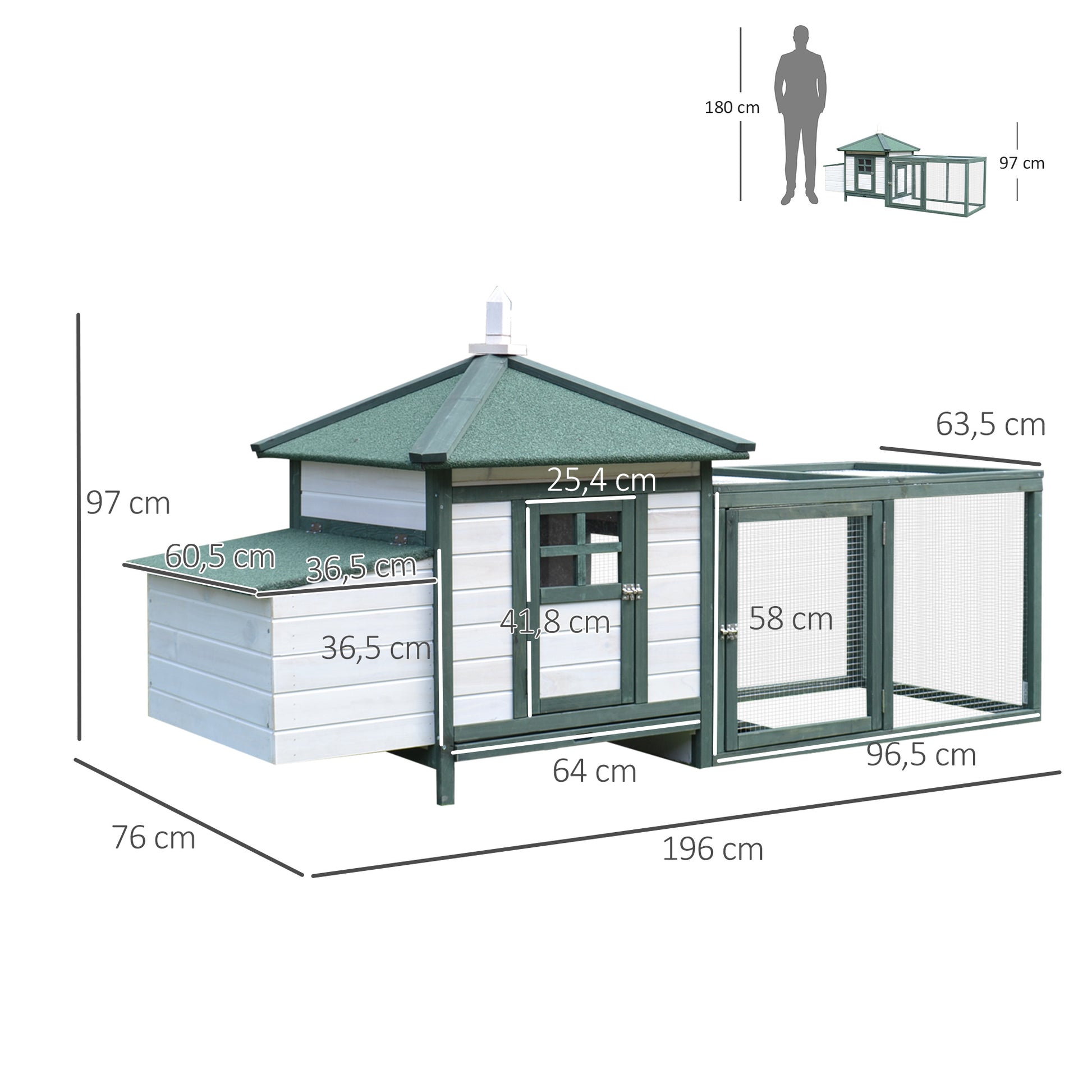 Pine Wood Chicken Coop Shelter Hen House Outdoor with Nest Box Removable Tray and Run Space 196x76x97 cm Green and White