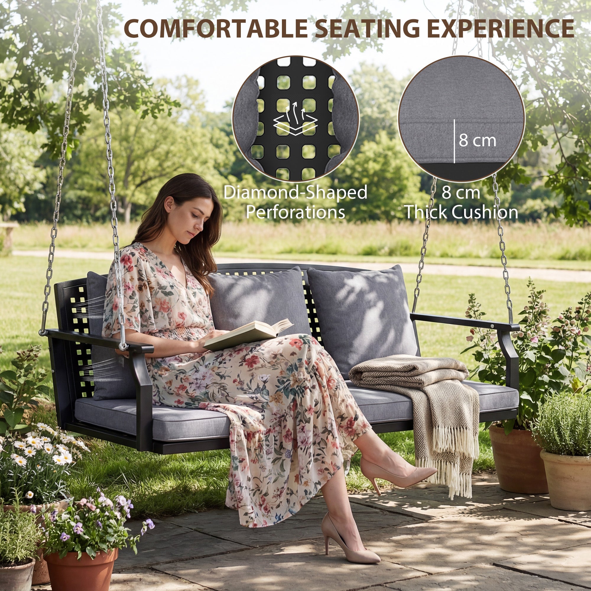 3-Seater Hanging Bench – Steel Porch Swing with 3 Back Cushions, Weather-Resistant, Holds up to 794 lb, Gray (60.6 x 26.0 x 20.1 in)