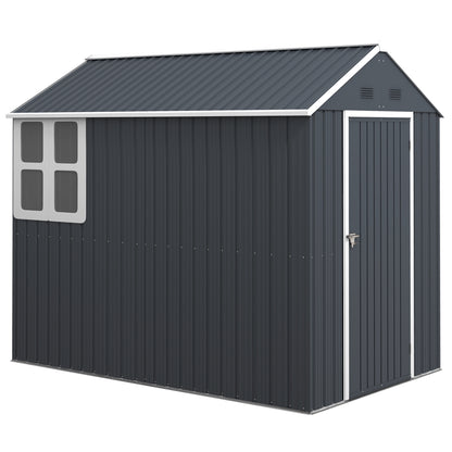 Steel Tool Shed, 4㎡ Garden House with Window Lockable Garden Cabinet, 259 x 172 x 222 cm Shed for Balcony, Terrace, Dark Grey