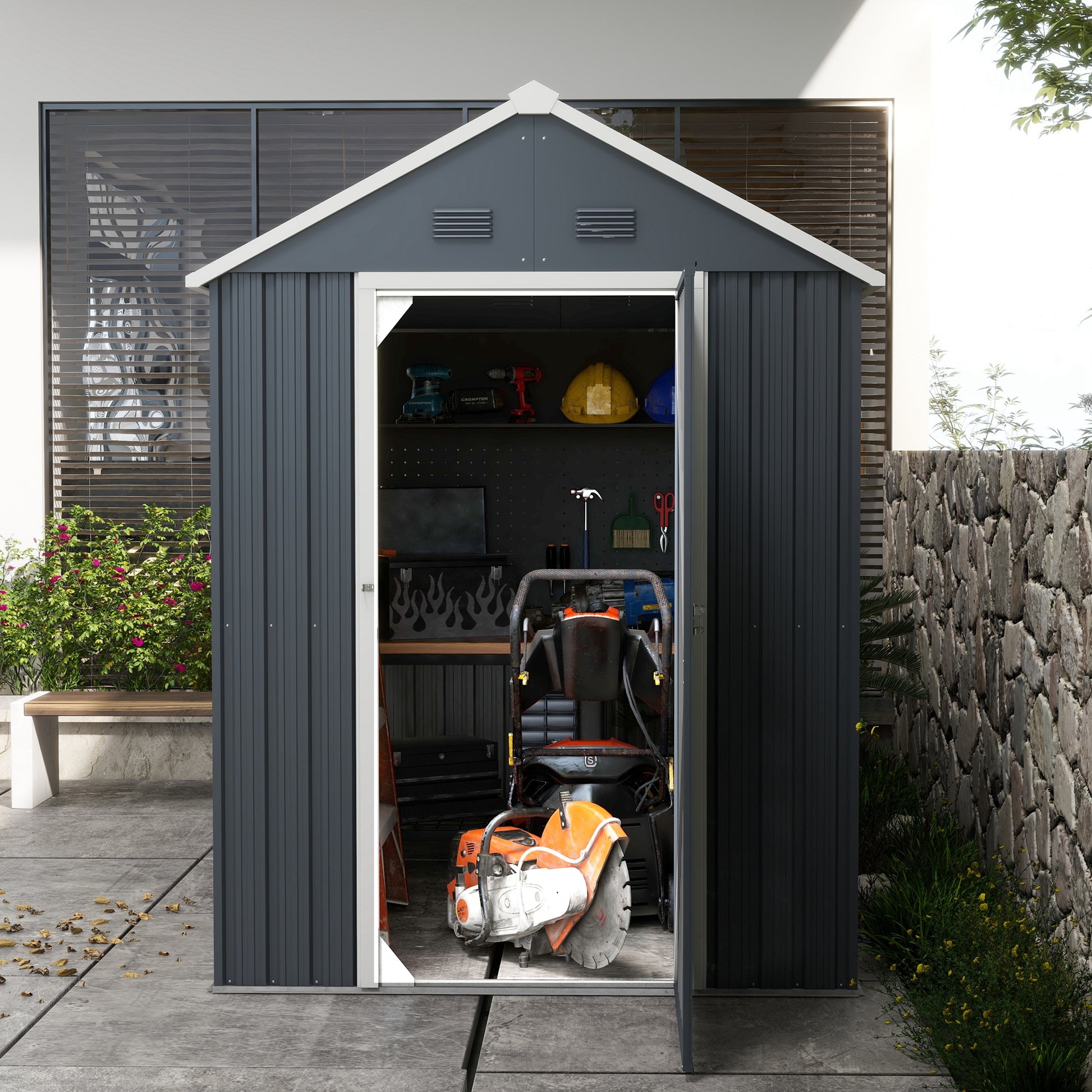 Steel Tool Shed, 4㎡ Garden House with Window Lockable Garden Cabinet, 259 x 172 x 222 cm Shed for Balcony, Terrace, Dark Grey