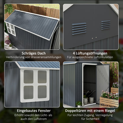 Steel Tool Shed, 4㎡ Garden House with Window Lockable Garden Cabinet, 259 x 172 x 222 cm Shed for Balcony, Terrace, Dark Grey