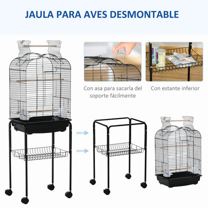 Bird Cage with Stand Canary Bird Cage with 4 Wheels Openable Roof 2 Feeders 3 Perches Removable Tray and Bottom Shelf 46x36x130 cm Black