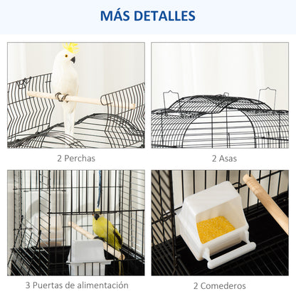 Bird Cage with Stand Canary Bird Cage with 4 Wheels Openable Roof 2 Feeders 3 Perches Removable Tray and Bottom Shelf 46x36x130 cm Black