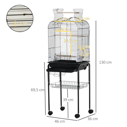 Bird Cage with Stand Canary Bird Cage with 4 Wheels Openable Roof 2 Feeders 3 Perches Removable Tray and Bottom Shelf 46x36x130 cm Black