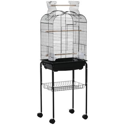 Bird Cage with Stand Canary Bird Cage with 4 Wheels Openable Roof 2 Feeders 3 Perches Removable Tray and Bottom Shelf 46x36x130 cm Black