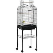 Bird Cage with Stand Canary Bird Cage with 4 Wheels Openable Roof 2 Feeders 3 Perches Removable Tray and Bottom Shelf 46x36x130 cm Black