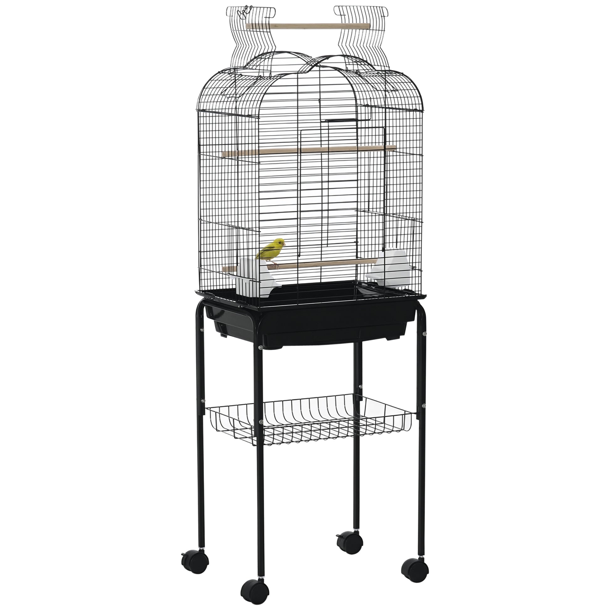 Bird Cage with Stand Canary Bird Cage with 4 Wheels Openable Roof 2 Feeders 3 Perches Removable Tray and Bottom Shelf 46x36x130 cm Black