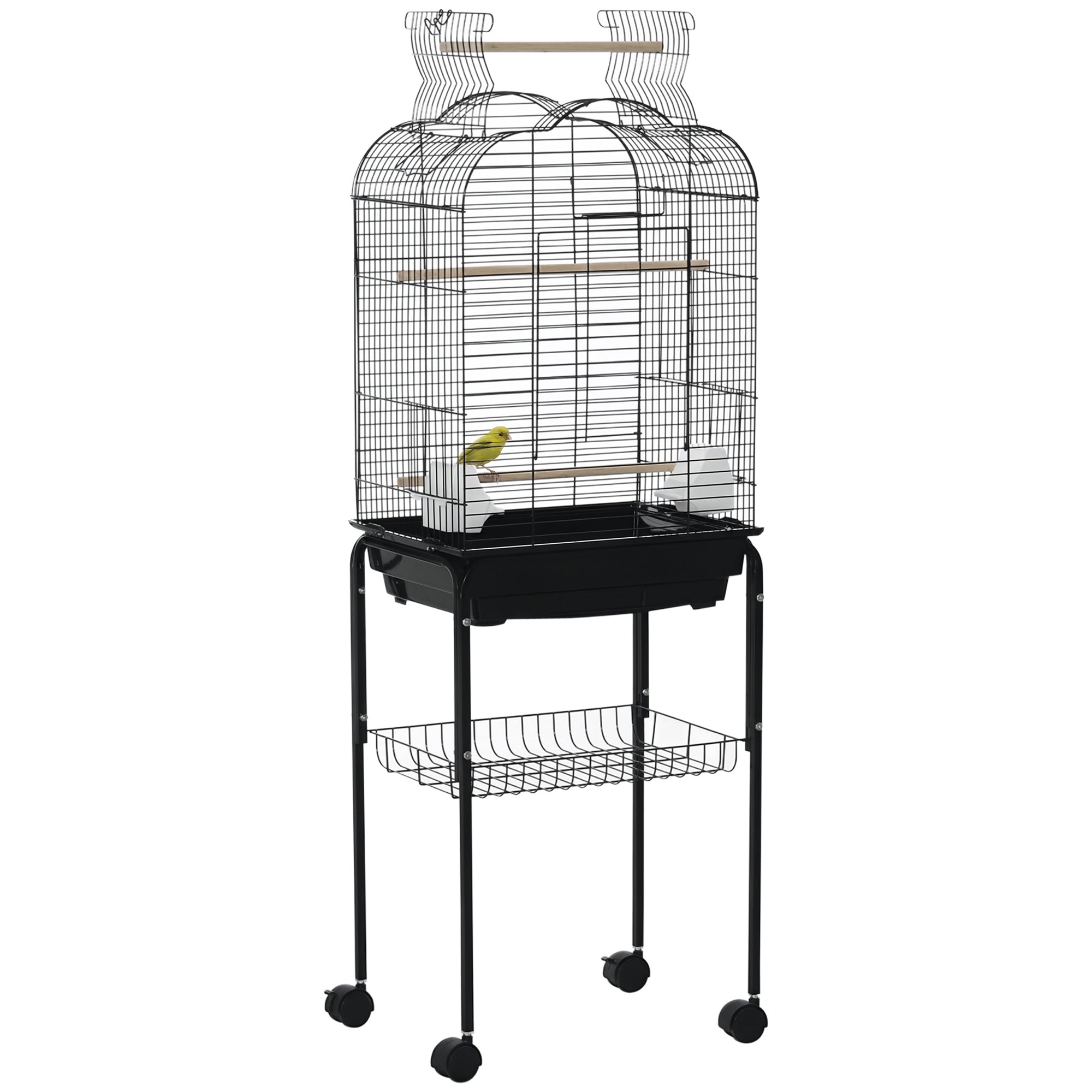 Bird Cage with Stand Canary Bird Cage with 4 Wheels Openable Roof 2 Feeders 3 Perches Removable Tray and Bottom Shelf 46x36x130 cm Black