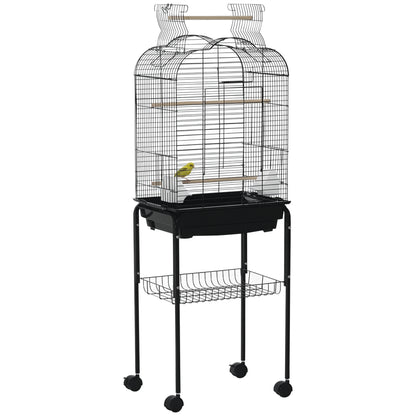 Bird Cage with Stand Canary Bird Cage with 4 Wheels Openable Roof 2 Feeders 3 Perches Removable Tray and Bottom Shelf 46x36x130 cm Black
