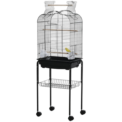 Bird Cage with Stand Canary Bird Cage with 4 Wheels Openable Roof 2 Feeders 3 Perches Removable Tray and Bottom Shelf 46x36x130 cm Black