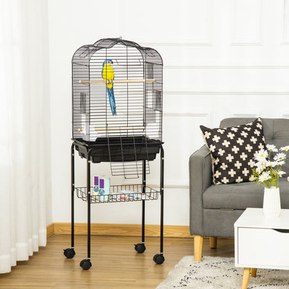 Bird Cage with Stand Canary Bird Cage with 4 Wheels Openable Roof 2 Feeders 3 Perches Removable Tray and Bottom Shelf 46x36x130 cm Black