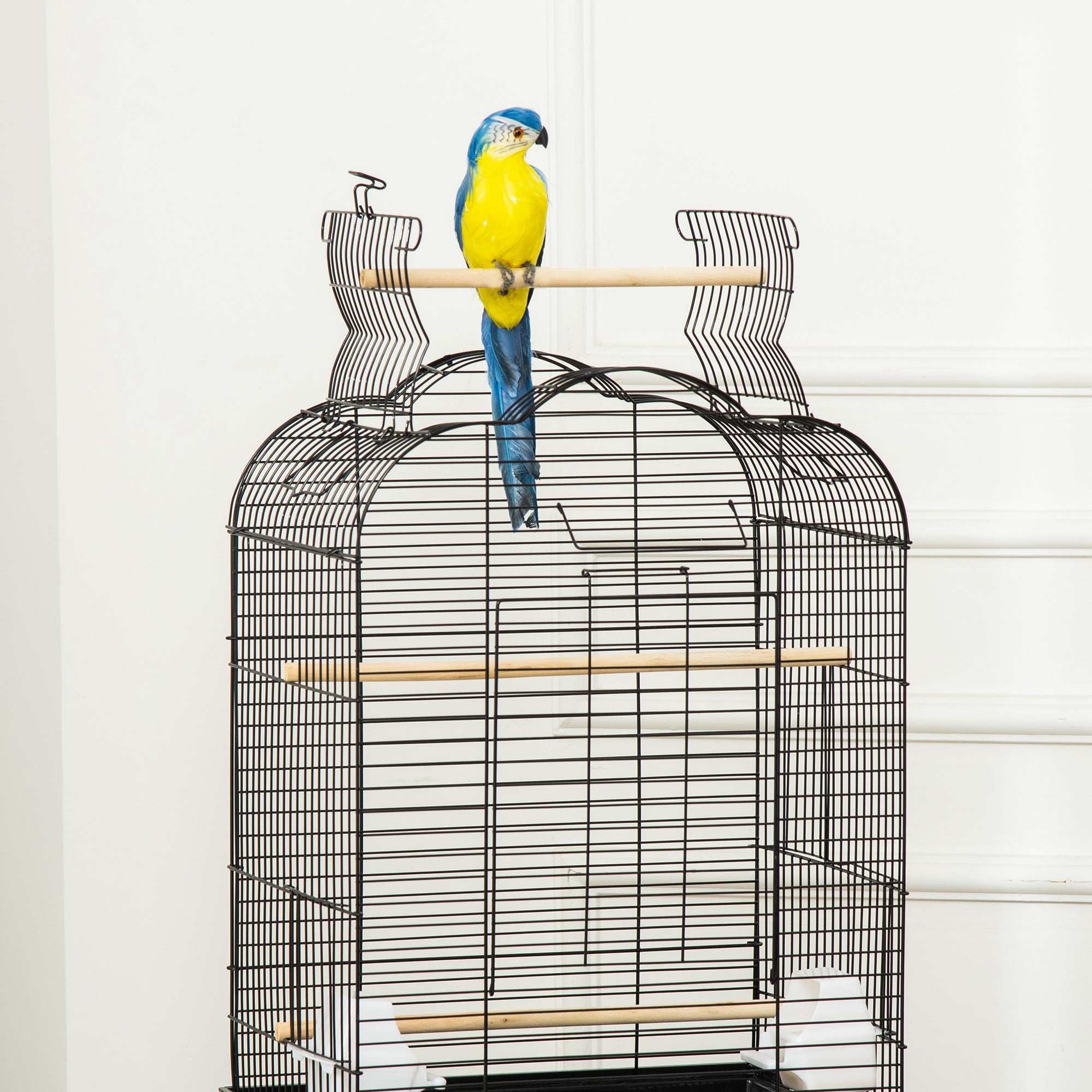 Bird Cage with Stand Canary Bird Cage with 4 Wheels Openable Roof 2 Feeders 3 Perches Removable Tray and Bottom Shelf 46x36x130 cm Black