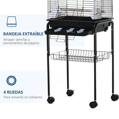 Bird Cage with Stand Canary Bird Cage with 4 Wheels Openable Roof 2 Feeders 3 Perches Removable Tray and Bottom Shelf 46x36x130 cm Black