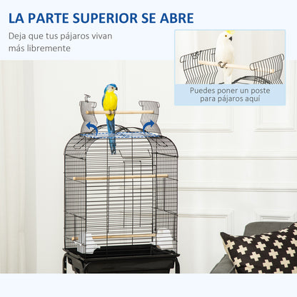 Bird Cage with Stand Canary Bird Cage with 4 Wheels Openable Roof 2 Feeders 3 Perches Removable Tray and Bottom Shelf 46x36x130 cm Black
