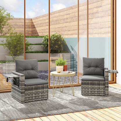 2-Seater Outdoor Rattan Sofa with Cushions — Convertible, Fold-Out Side Trays, Weather-Resistant, Light Grey Synthetic Rattan