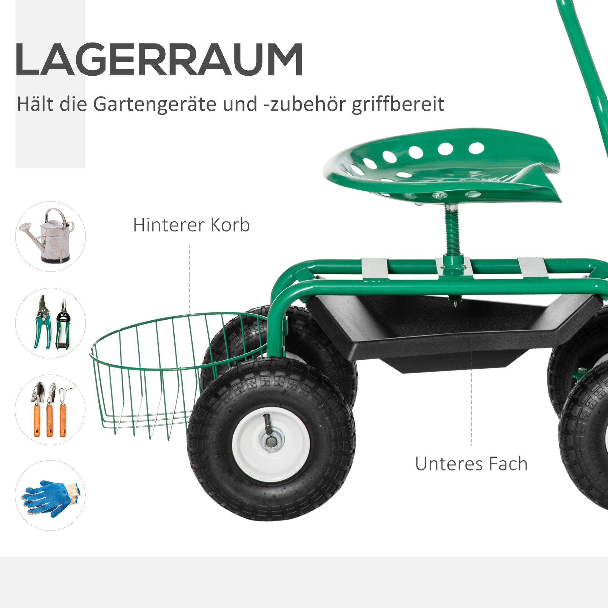 Swivel Rolling Garden Cart with Height-Adjustable Seat, Wheels, Handle, Mobile Garden Seat, Swivel Work Seat, Garden Stool up to 150 kg, Metal Garden Rolling Seat for Gardening Green