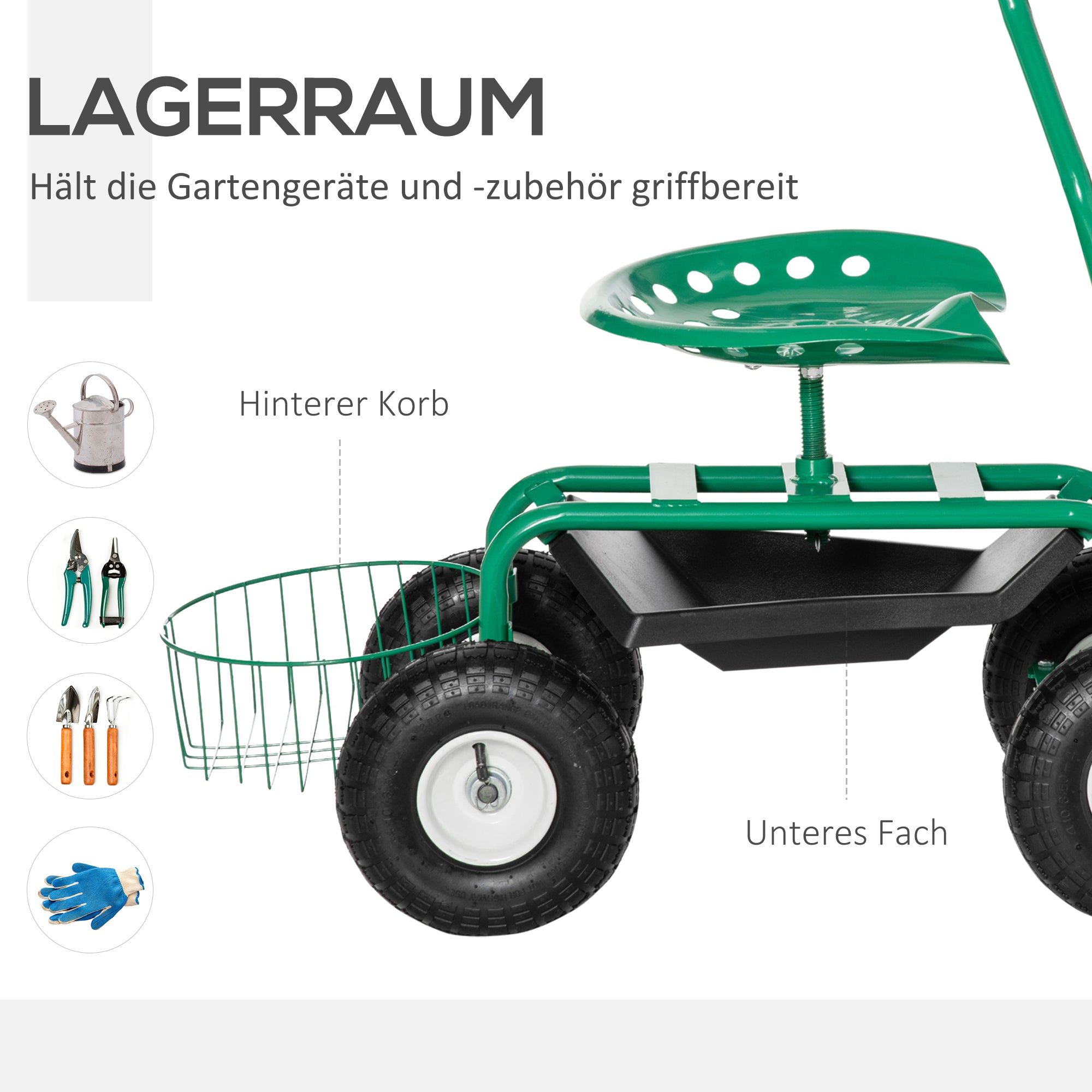 Swivel Rolling Garden Cart with Height-Adjustable Seat, Wheels, Handle, Mobile Garden Seat, Swivel Work Seat, Garden Stool up to 150 kg, Metal Garden Rolling Seat for Gardening Green