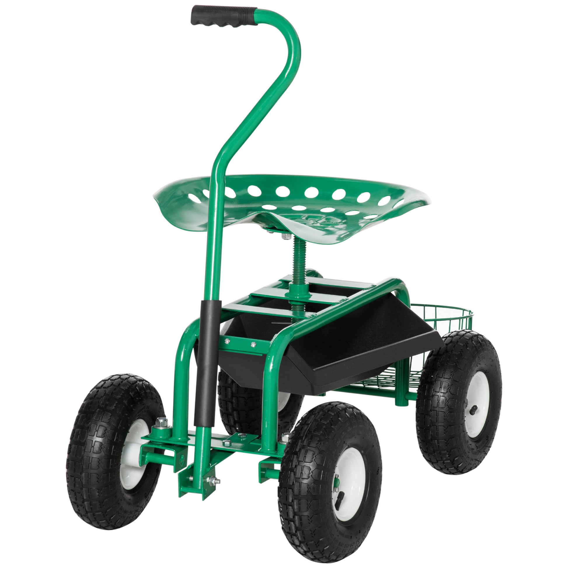 Swivel Rolling Garden Cart with Height-Adjustable Seat, Wheels, Handle, Mobile Garden Seat, Swivel Work Seat, Garden Stool up to 150 kg, Metal Garden Rolling Seat for Gardening Green