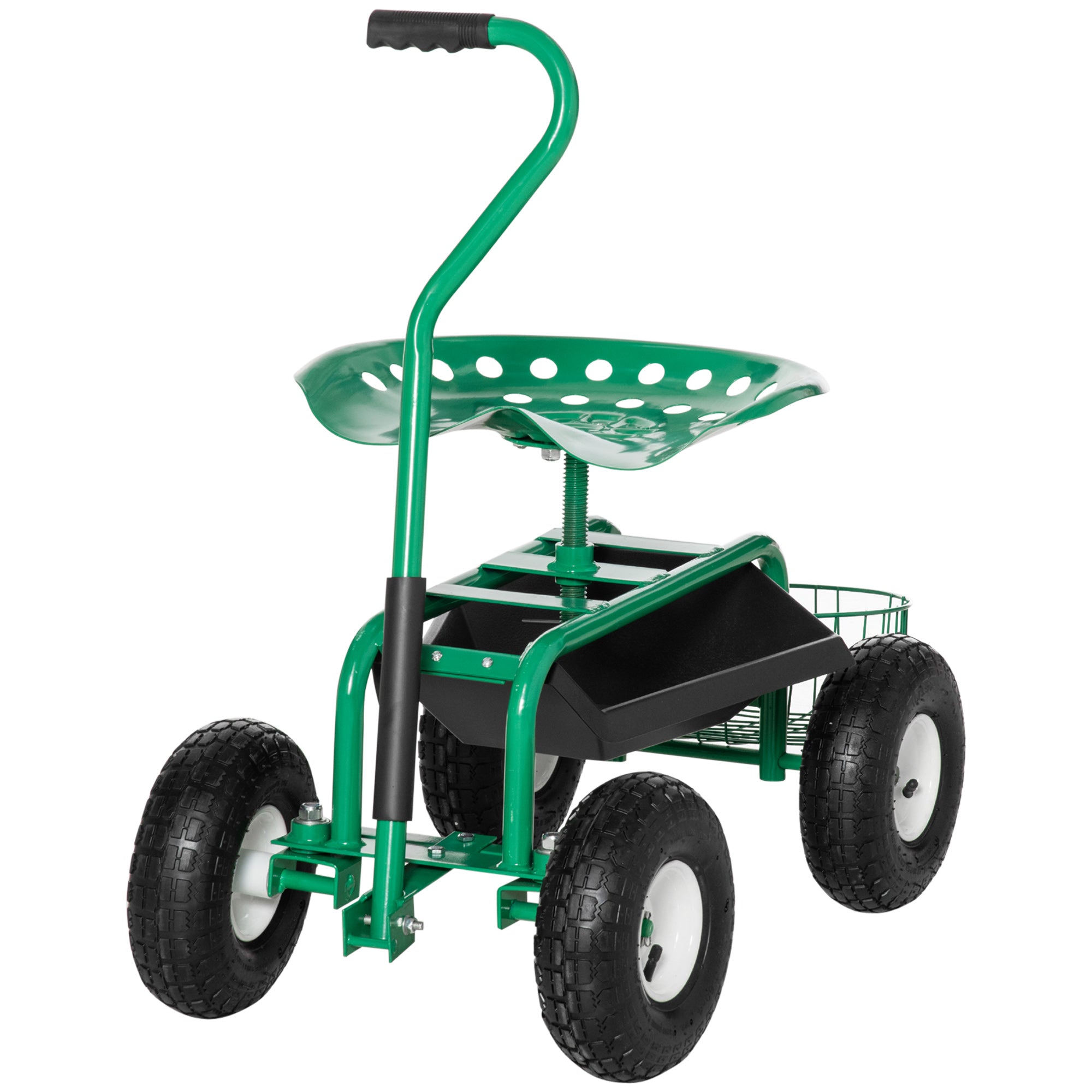 Swivel Rolling Garden Cart with Height-Adjustable Seat, Wheels, Handle, Mobile Garden Seat, Swivel Work Seat, Garden Stool up to 150 kg, Metal Garden Rolling Seat for Gardening Green