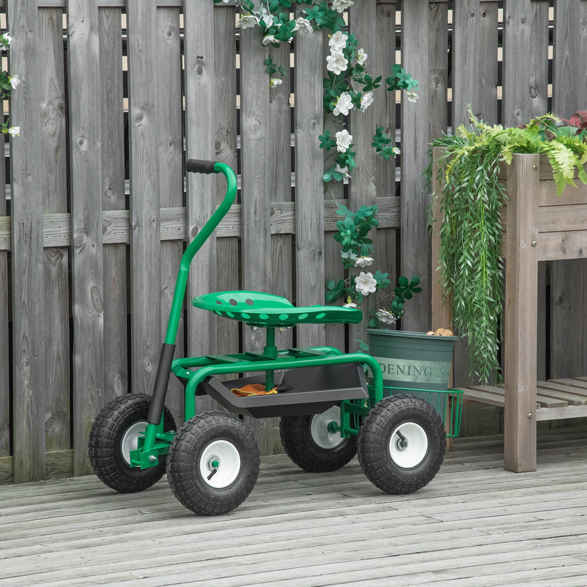 Swivel Rolling Garden Cart with Height-Adjustable Seat, Wheels, Handle, Mobile Garden Seat, Swivel Work Seat, Garden Stool up to 150 kg, Metal Garden Rolling Seat for Gardening Green