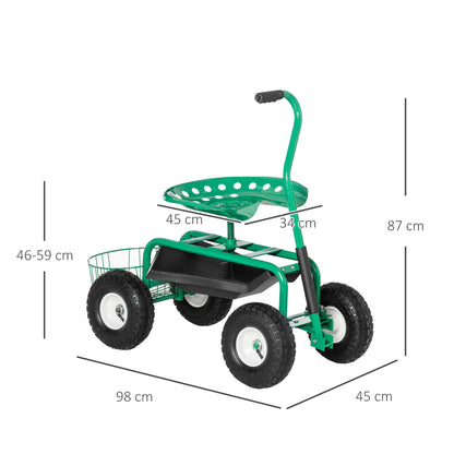 Swivel Rolling Garden Cart with Height-Adjustable Seat, Wheels, Handle, Mobile Garden Seat, Swivel Work Seat, Garden Stool up to 150 kg, Metal Garden Rolling Seat for Gardening Green