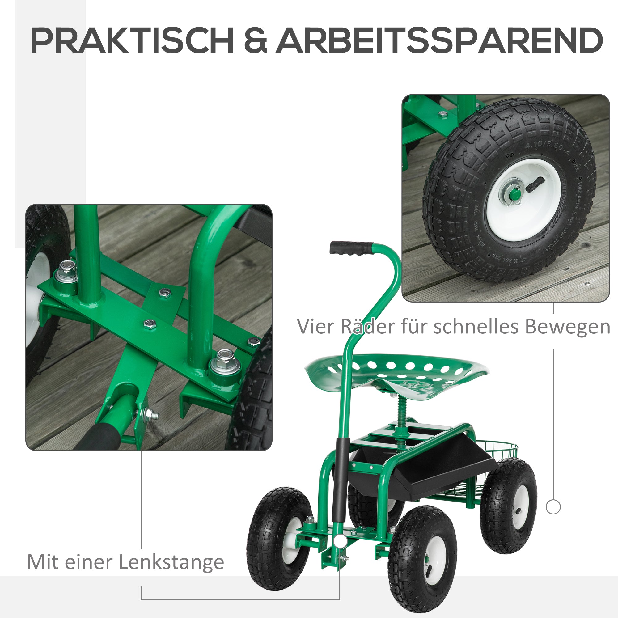 Swivel Rolling Garden Cart with Height-Adjustable Seat, Wheels, Handle, Mobile Garden Seat, Swivel Work Seat, Garden Stool up to 150 kg, Metal Garden Rolling Seat for Gardening Green