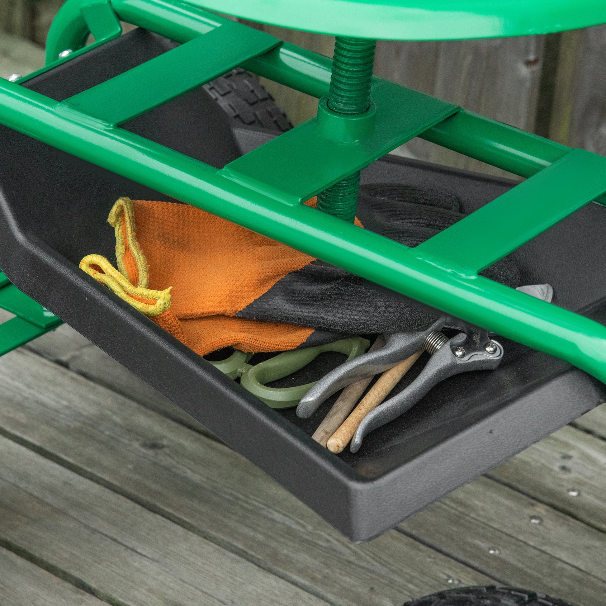 Swivel Rolling Garden Cart with Height-Adjustable Seat, Wheels, Handle, Mobile Garden Seat, Swivel Work Seat, Garden Stool up to 150 kg, Metal Garden Rolling Seat for Gardening Green