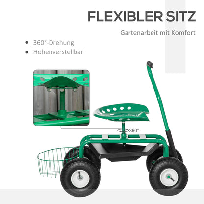 Swivel Rolling Garden Cart with Height-Adjustable Seat, Wheels, Handle, Mobile Garden Seat, Swivel Work Seat, Garden Stool up to 150 kg, Metal Garden Rolling Seat for Gardening Green