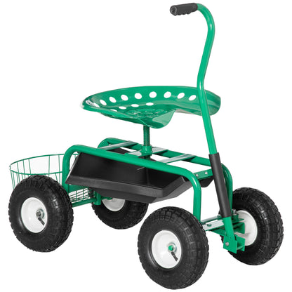 Swivel Rolling Garden Cart with Height-Adjustable Seat, Wheels, Handle, Mobile Garden Seat, Swivel Work Seat, Garden Stool up to 150 kg, Metal Garden Rolling Seat for Gardening Green