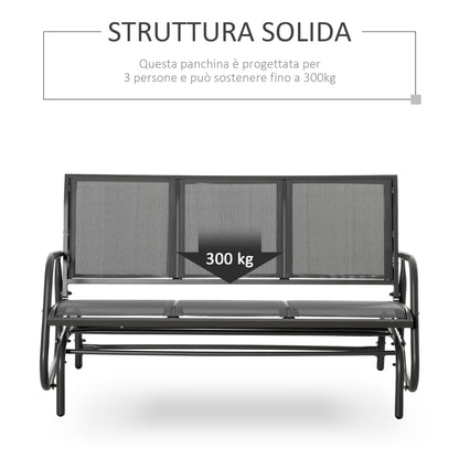 3-Seat Garden Rocking Bench in Metal and Breathable Mesh Fabric, 147x70x85cm, Gray