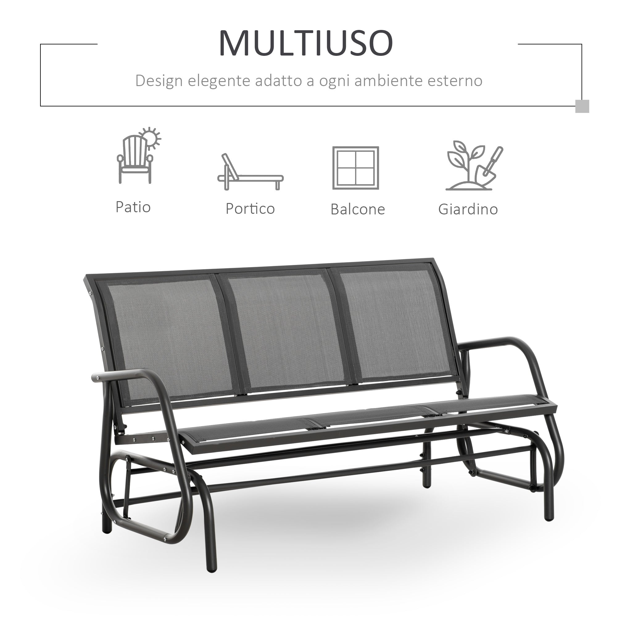 3-Seat Garden Rocking Bench in Metal and Breathable Mesh Fabric, 147x70x85cm, Gray