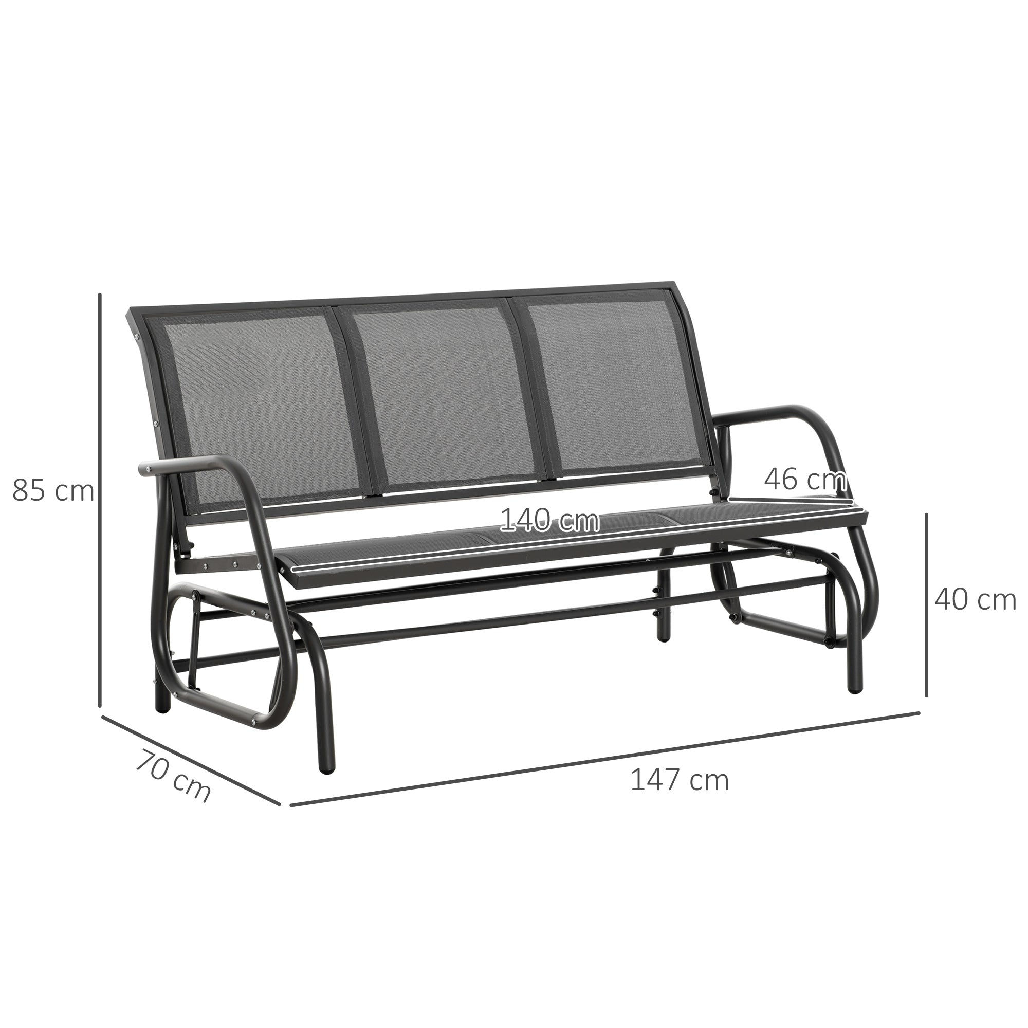 3-Seat Garden Rocking Bench in Metal and Breathable Mesh Fabric, 147x70x85cm, Gray