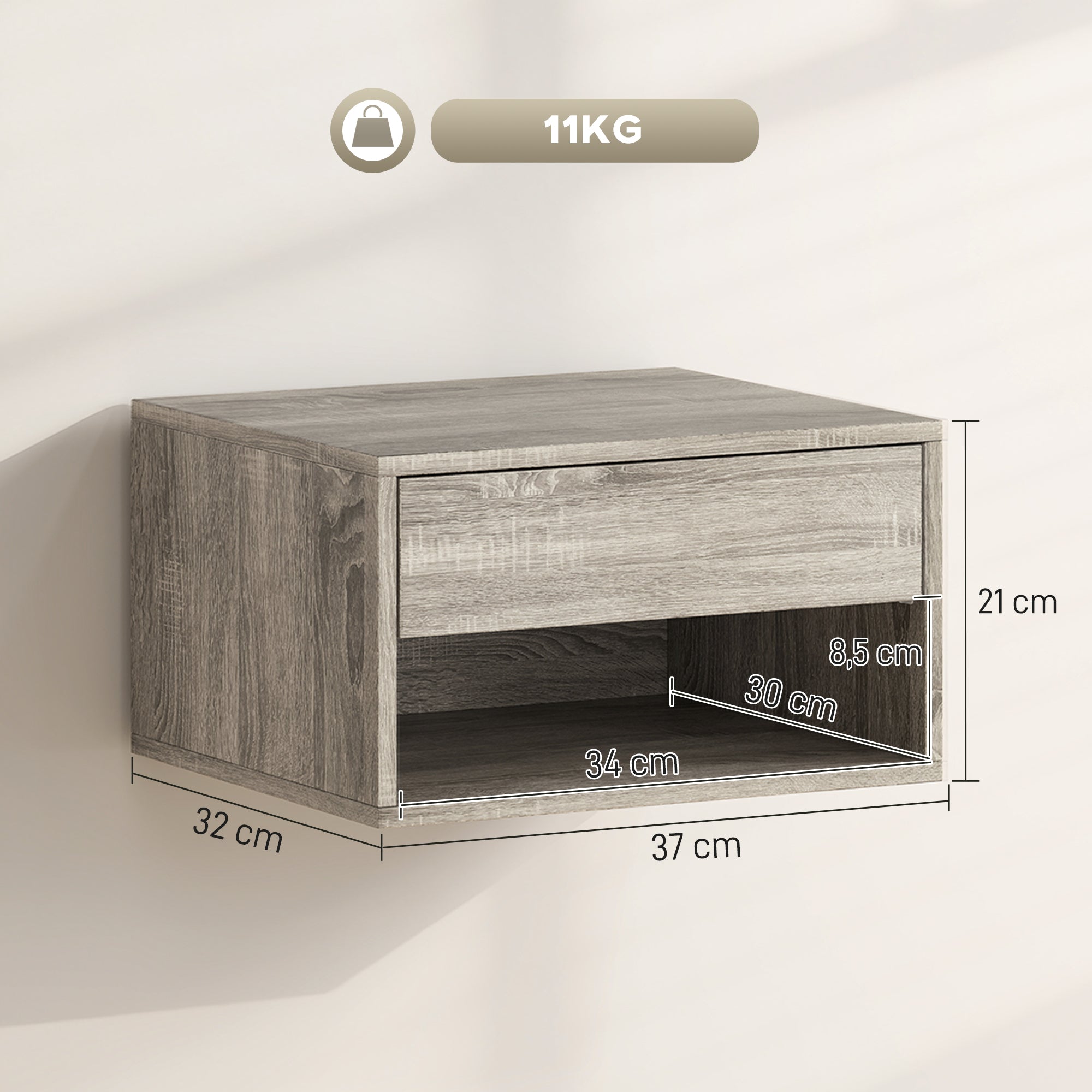 Set of 2 Floating Wall Nightstands with Sliding Drawer & Open Shelf, Modern Gray — 14.6 x 12.6 x 8.3 in