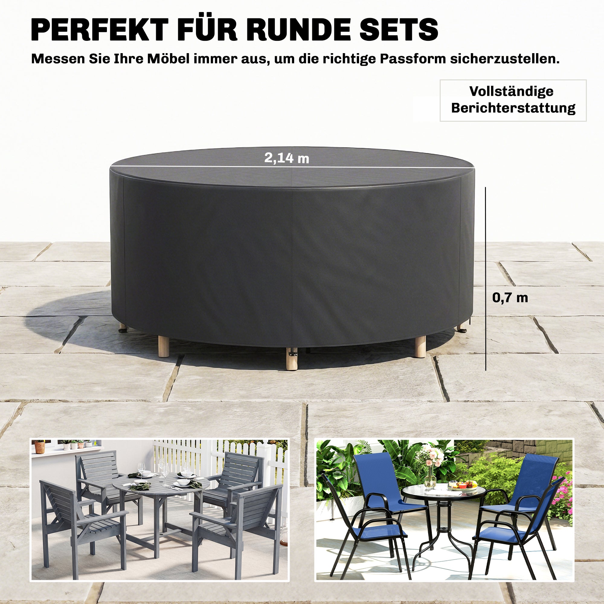 Round Patio Furniture Cover – 420D Waterproof Oxford, UV30+ Protection, Fits Round Tables & Stacked Chairs Ø84.3" x 27.6", Black