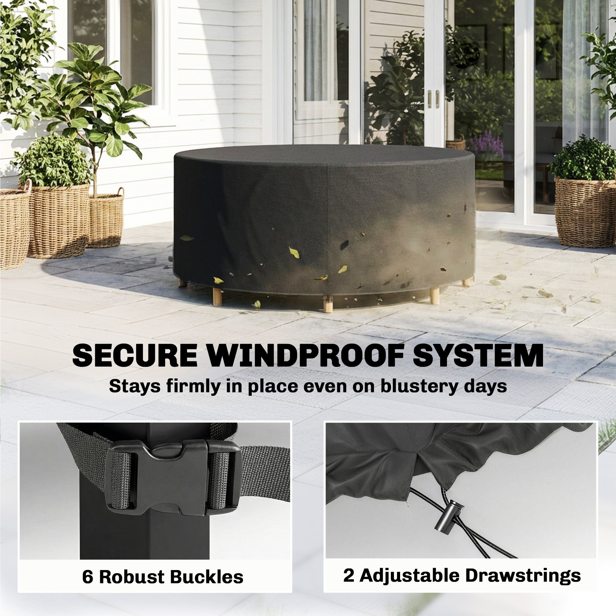 Round Patio Furniture Cover – 420D Waterproof Oxford, UV30+ Protection, Fits Round Tables & Stacked Chairs Ø84.3" x 27.6", Black