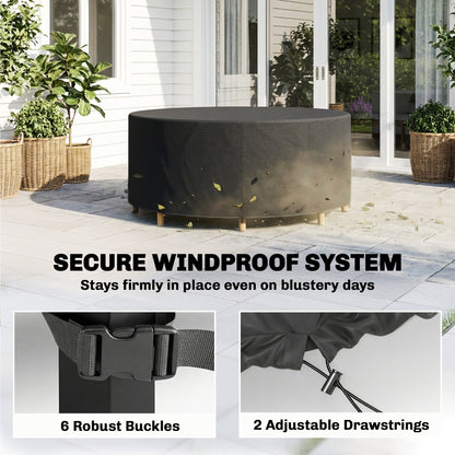 Round Patio Furniture Cover – 420D Waterproof Oxford, UV30+ Protection, Fits Round Tables & Stacked Chairs Ø84.3" x 27.6", Black