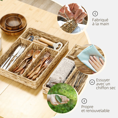 Rectangular Storage Basket, Water Hyacinth Woven Storage Basket with 4 Compartments, Storage Basket for Kitchen, Bathroom, Bedroom, Natural