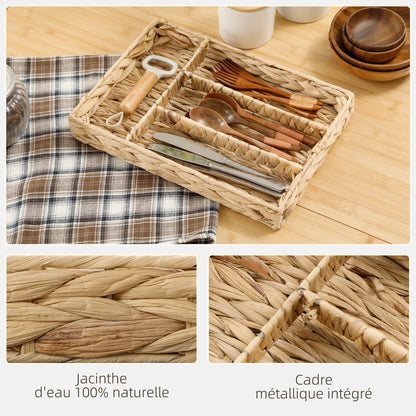 Rectangular Storage Basket, Water Hyacinth Woven Storage Basket with 4 Compartments, Storage Basket for Kitchen, Bathroom, Bedroom, Natural