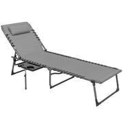 Folding Sun Lounger Garden Outdoor Lounger with Adjustable Backrest Headrest Side Pocket Tray and Steel Frame Load 120 kg for Terrace Pool Beach 190x60x31 cm Gray