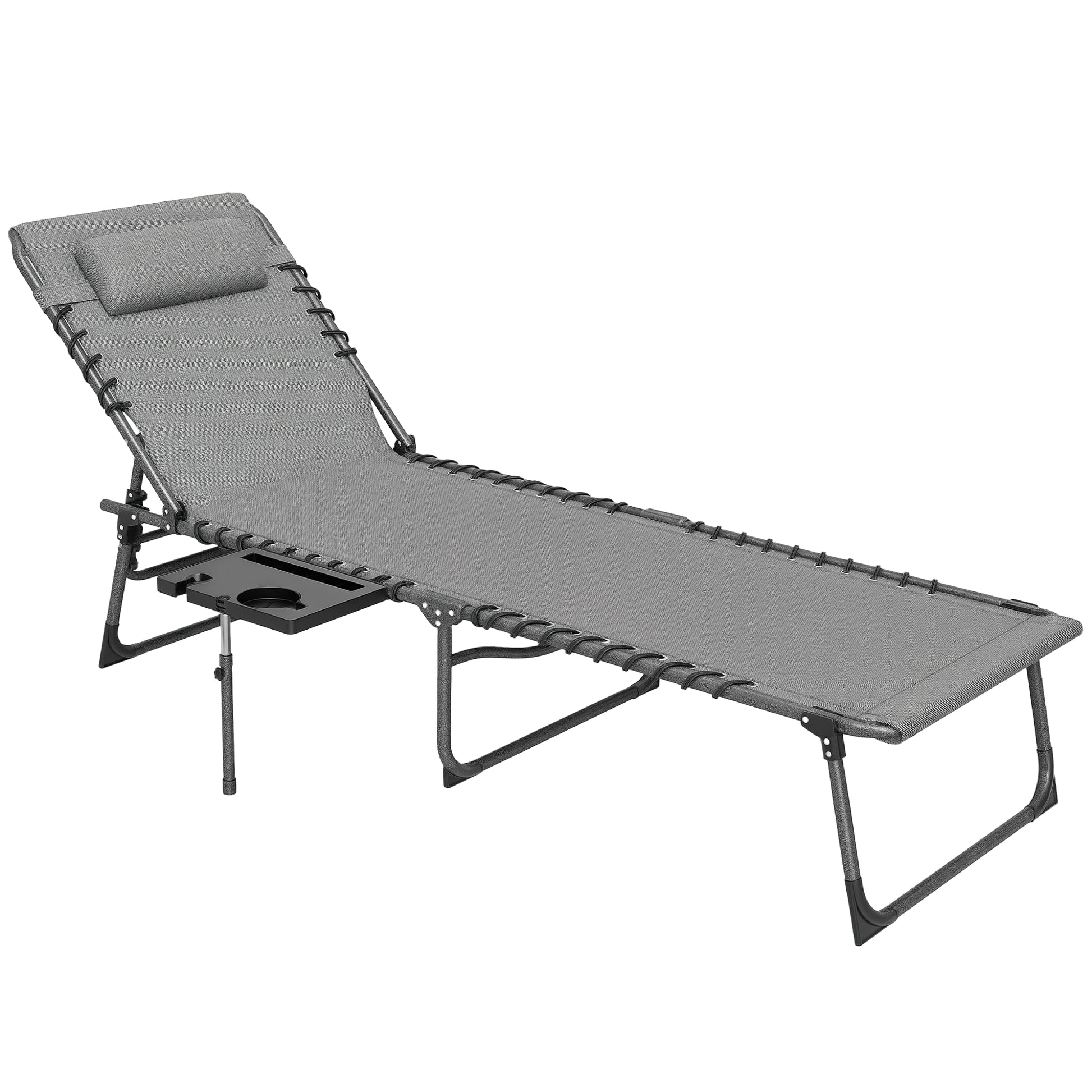 Folding Sun Lounger Garden Outdoor Lounger with Adjustable Backrest Headrest Side Pocket Tray and Steel Frame Load 120 kg for Terrace Pool Beach 190x60x31 cm Gray