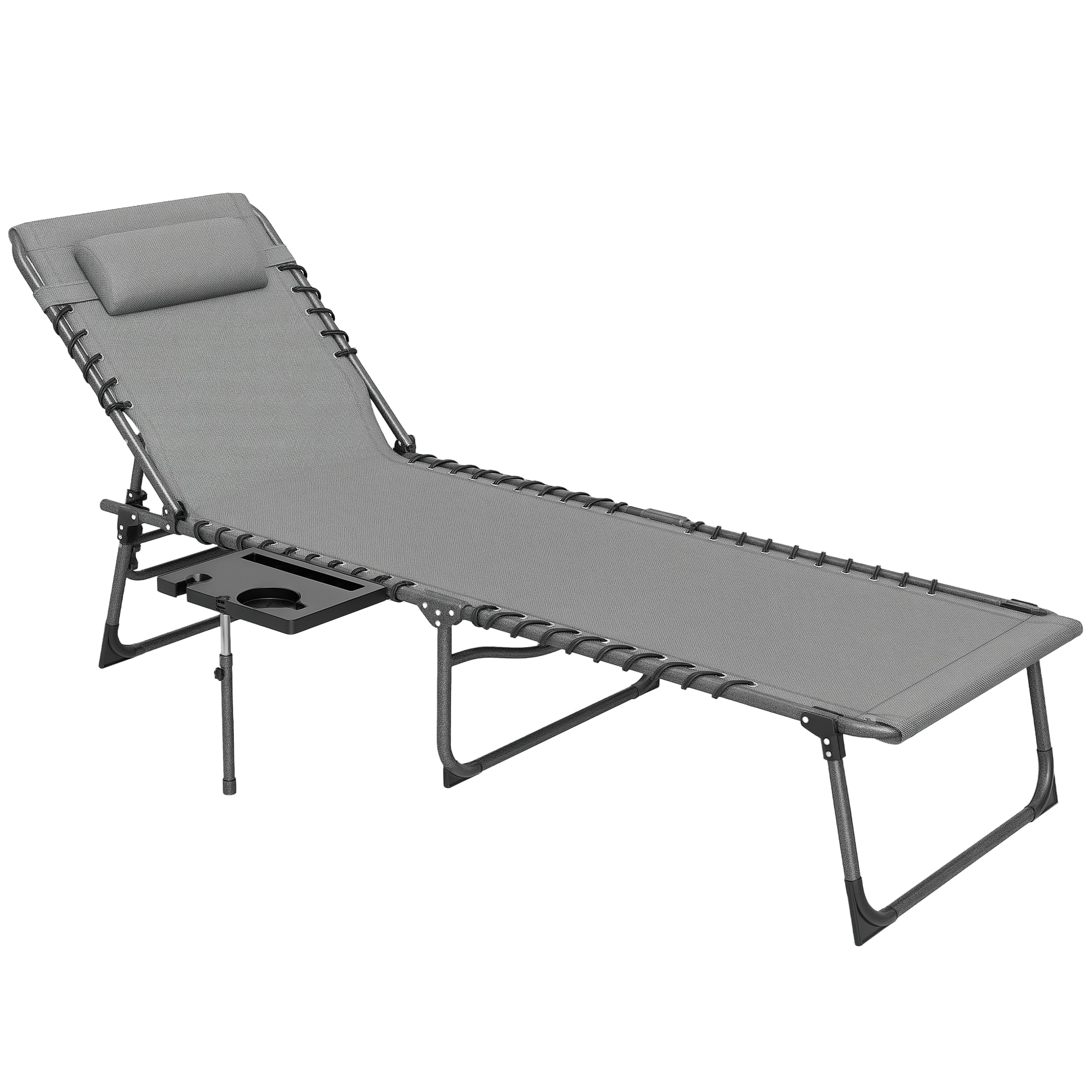 Folding Sun Lounger Garden Outdoor Lounger with Adjustable Backrest Headrest Side Pocket Tray and Steel Frame Load 120 kg for Terrace Pool Beach 190x60x31 cm Gray