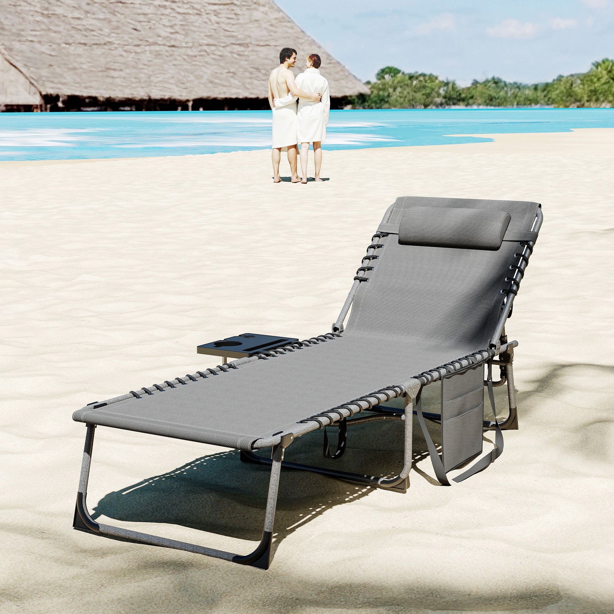 Folding Sun Lounger Garden Outdoor Lounger with Adjustable Backrest Headrest Side Pocket Tray and Steel Frame Load 120 kg for Terrace Pool Beach 190x60x31 cm Gray